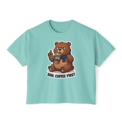 Women’s Boxy Tee — Grumpy Bear Coffee First Graphic